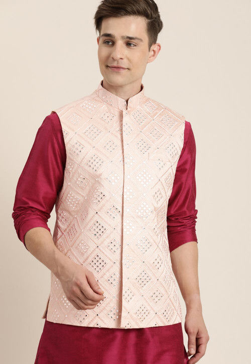 Buy Pink Art Banarasi Silk Mens Nehru Jacket (NMK-5637) Online