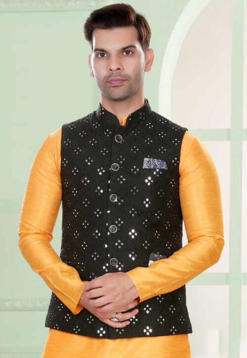 Embroidered Art Silk Nehru Jacket in Black