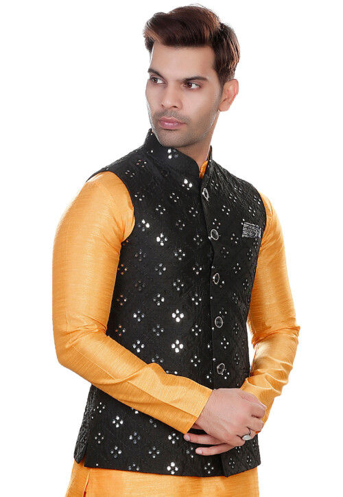 Embroidered Art Silk Nehru Jacket in Black