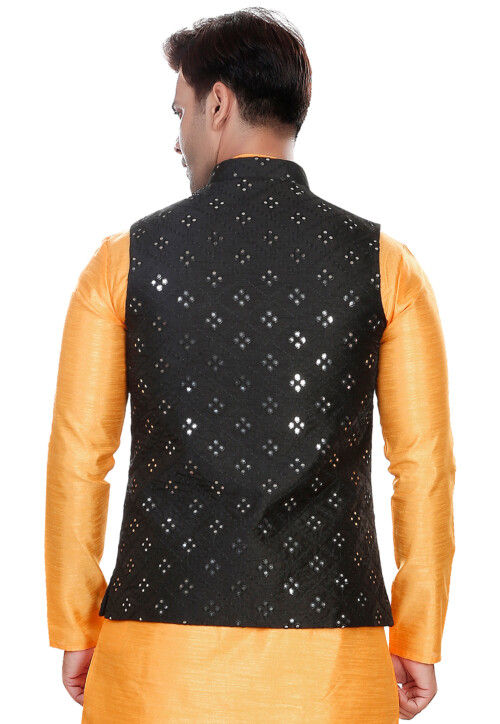 Embroidered Art Silk Nehru Jacket in Black