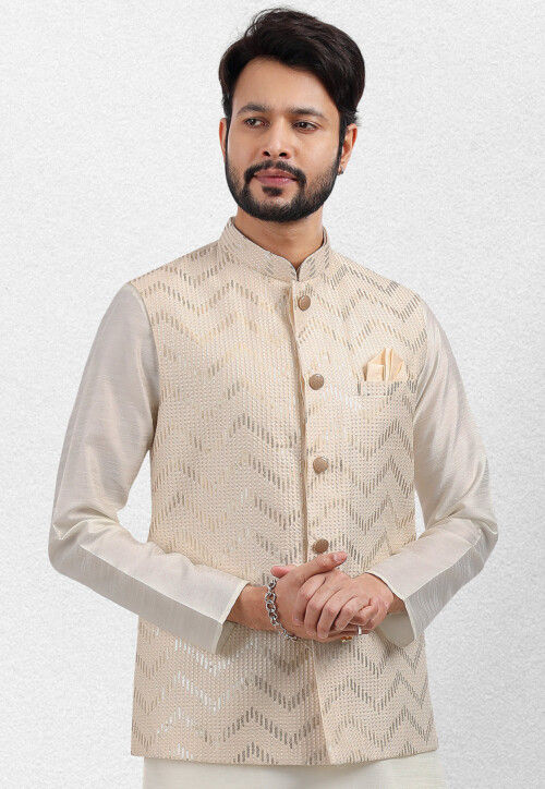 Buy Art Silk Fabric Festive Wear Readymade Men Cream Color Jacket online  from SareesBazaar IN at lowest prices