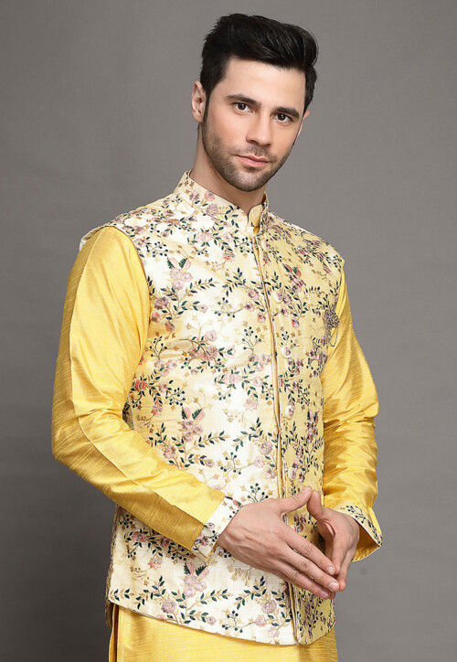 Embroidered Art Silk Nehru Jacket in Cream