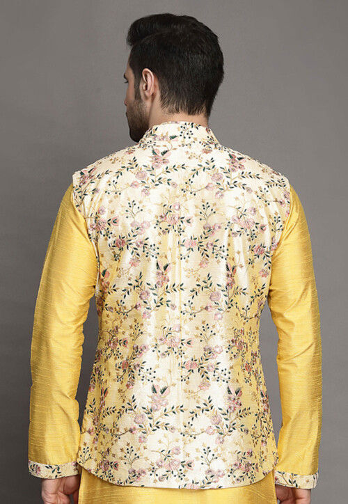 Embroidered Art Silk Nehru Jacket in Cream