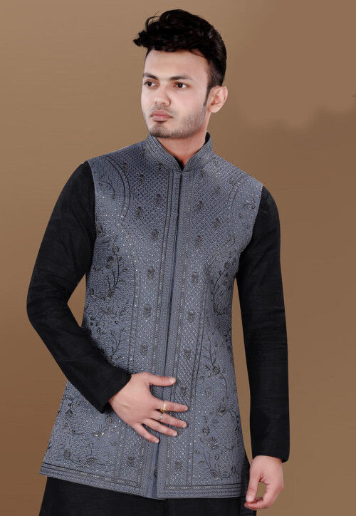 Embroidered Art Silk Nehru Jacket in Dark Grey
