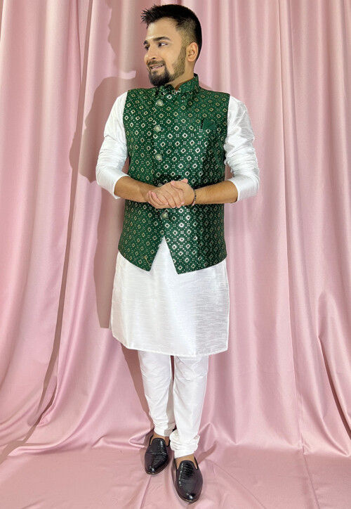 Embroidered Art Silk Nehru Jacket in Green