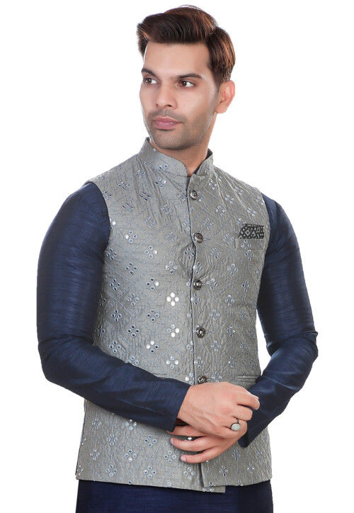 Embroidered Art Silk Nehru Jacket in Grey MHG2370