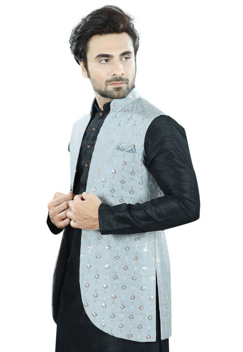 Embroidered Art Silk Nehru Jacket in Grey