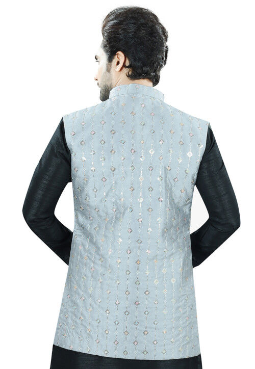 Embroidered Art Silk Nehru Jacket in Grey