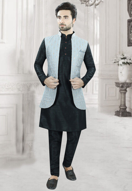Embroidered Art Silk Nehru Jacket in Grey