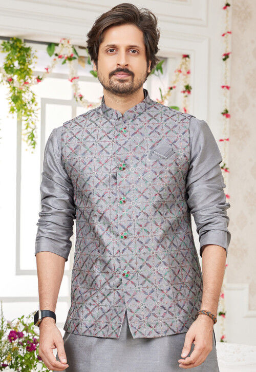 Embroidered Art Silk Nehru Jacket in Grey