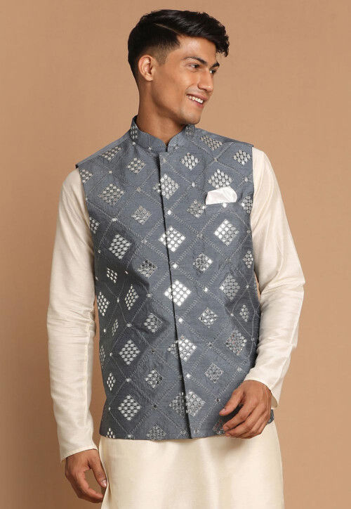 Grey Viscose embroidered stitched kurta with nehru jacket - Hangup - 3655396