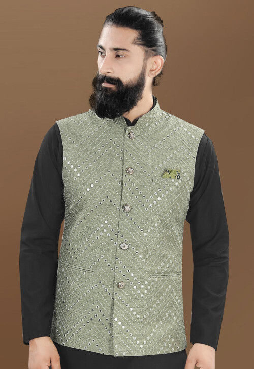 Embroidered Art Silk Nehru Jacket in Light Olive Green