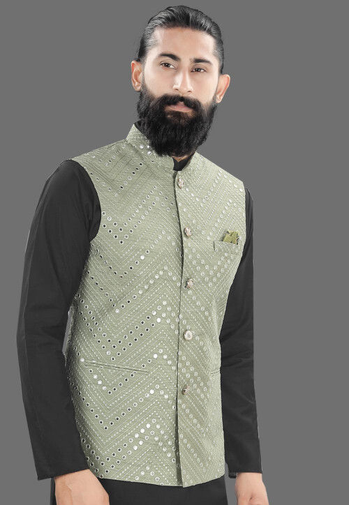 Embroidered Art Silk Nehru Jacket in Light Olive Green