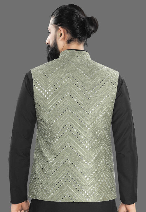 Embroidered Art Silk Nehru Jacket in Light Olive Green