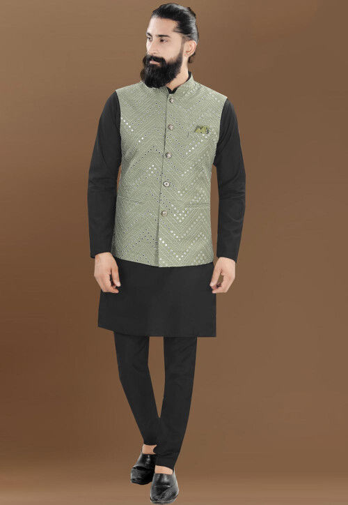 Embroidered Art Silk Nehru Jacket in Light Olive Green