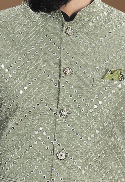 Embroidered Art Silk Nehru Jacket in Light Olive Green