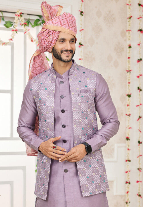 Wedding Dress Lining Coat Pant With Turban Light Pink Bandhgala