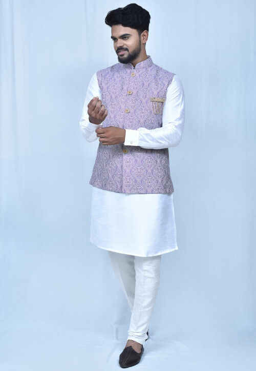 Embroidered Art Silk Nehru Jacket in Light Purple