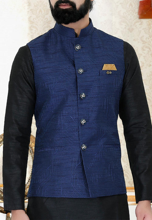 Men's Blue Embroidered Nehru Jacket in Silk Cotton Blend