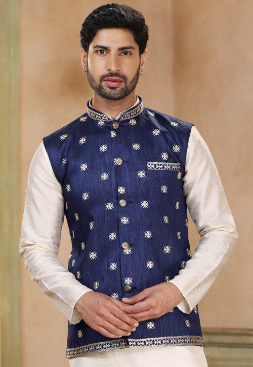Buy Embroidered Art Silk Nehru Jacket in Navy Blue Online : MLY1676 ...