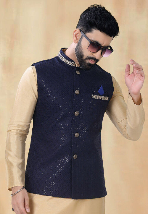 Embroidered Art Silk Nehru Jacket in Navy Blue