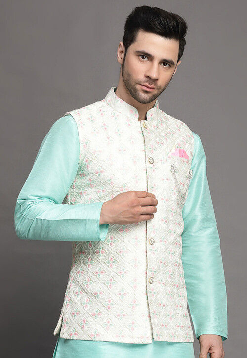 Men's White Embroidered & Sequined Nehru Jacket in Silk Blend