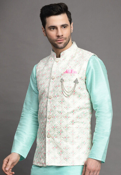 Men’s White & Yellow Embroidered Nehru Jacket – Silk Cotton Vest