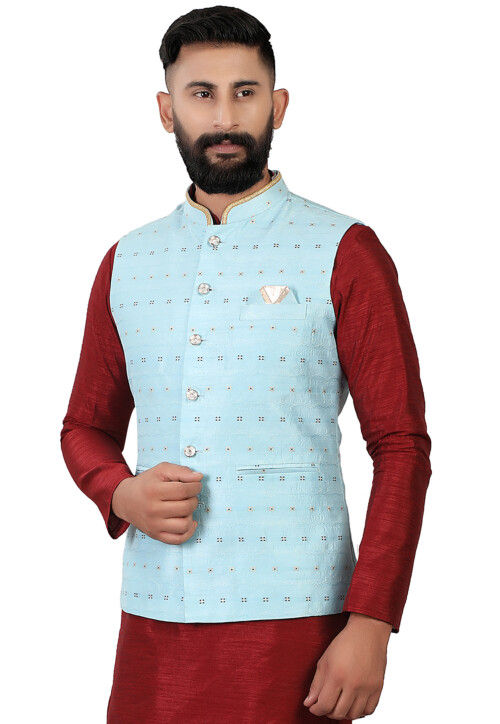 Sky Blue Cotton-Blended Indian Traditional Nehru Jacket Ethnic Waistco –  Wear.Style