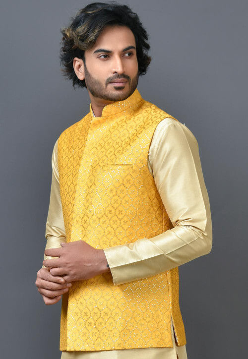 Embroidered Art Silk Nehru Jacket in Yellow : MSA208