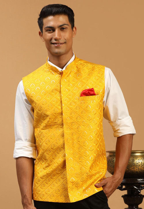 Khadi Men's Yellow Nehru Jacket, Men's clothing, New Arrival, new-arrivals  Yellow Khadi Nehru Jacket – Charkha Tales