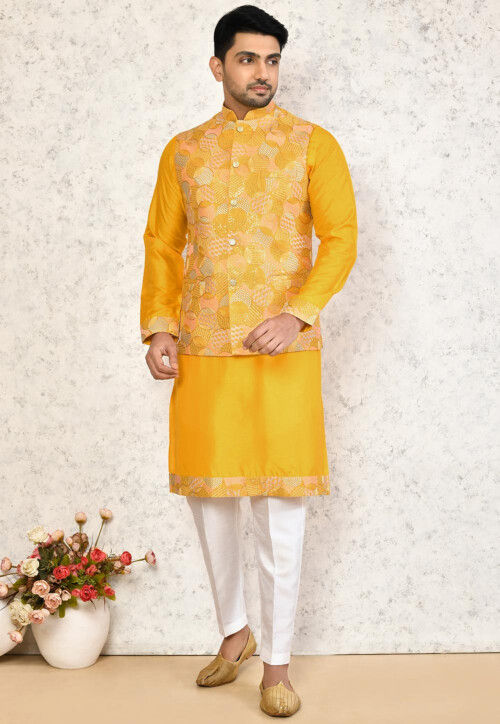 Embroidered Art Silk Nehru Jacket in Yellow : MTX3219
