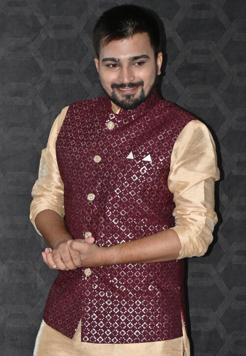 Embroidered Art Silk Nehru Jacket in Maroon