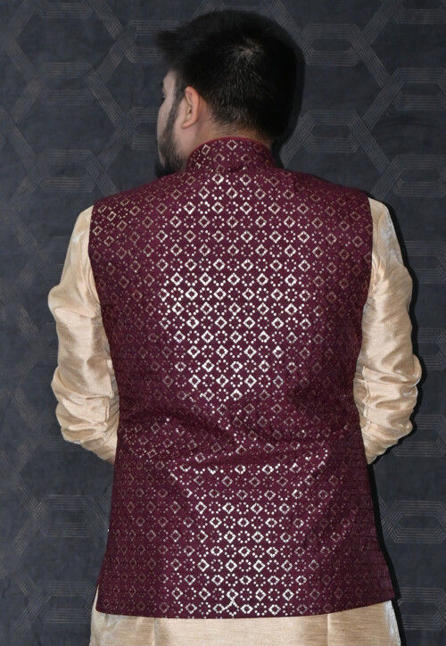 Embroidered Art Silk Nehru Jacket in Maroon