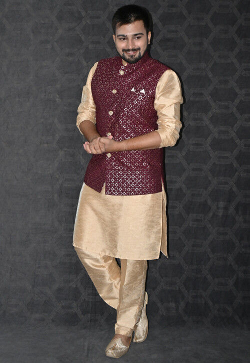 Embroidered Art Silk Nehru Jacket in Maroon