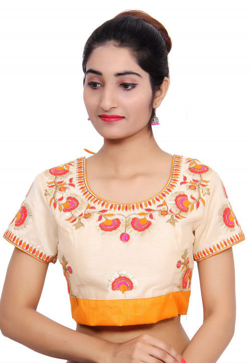 Embroidered Art Silk Padded Blouse in Off white