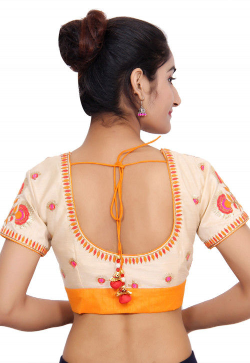 Embroidered Art Silk Padded Blouse in Off white