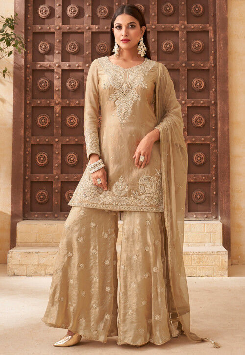 Embroidered Art Silk Pakistani Suit in Beige