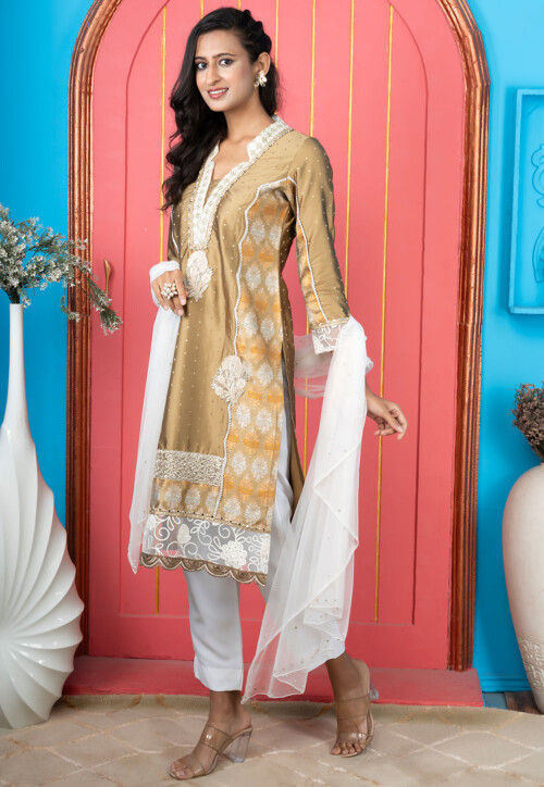 Embroidered Art Silk Pakistani Suit in Beige