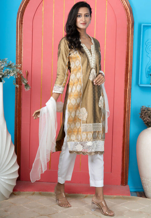 Embroidered Art Silk Pakistani Suit in Beige