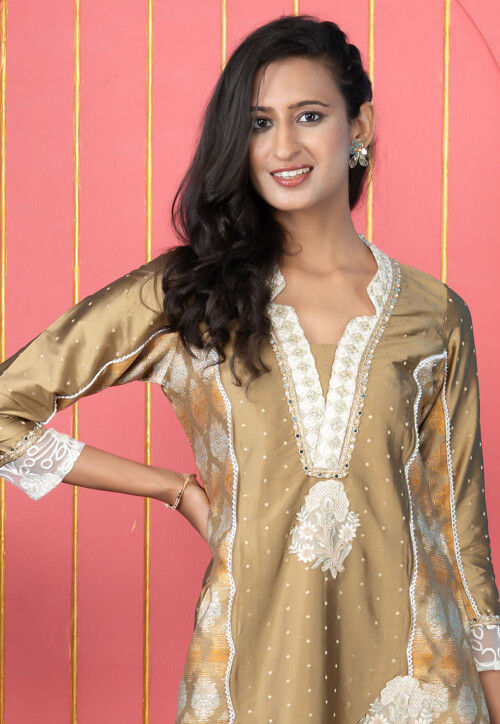 Embroidered Art Silk Pakistani Suit in Beige
