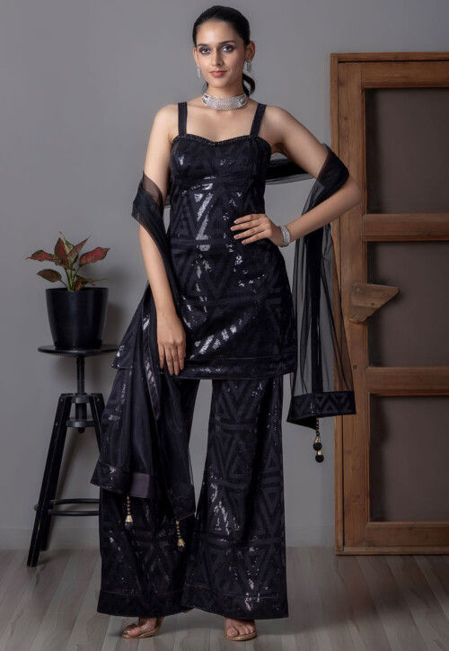 Embroidered Art Silk Pakistani Suit in Black
