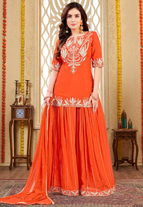 Embroidered Art Silk Pakistani Suit in Orange