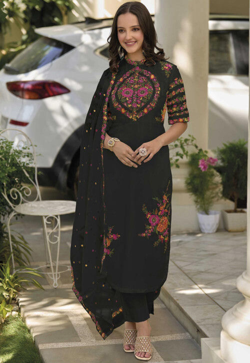 Buy Embroidered Art Silk Pakistani Suit in Black Online : KCH12343 ...