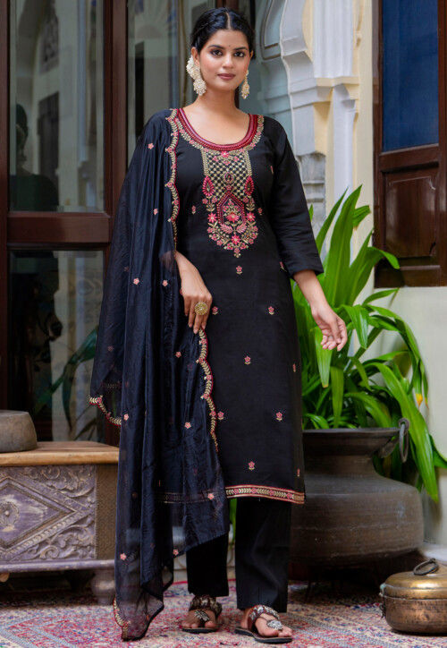 Embroidered Art Silk Pakistani Suit in Black