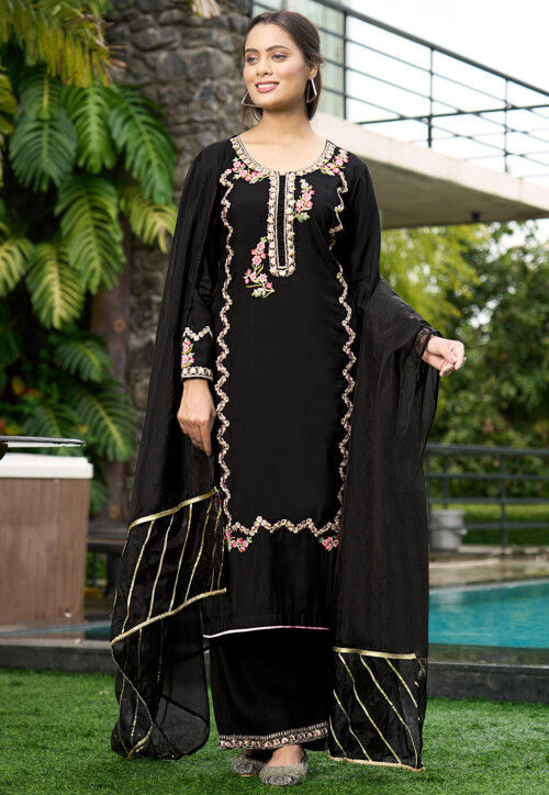 Embroidered Art Silk Pakistani Suit in Black