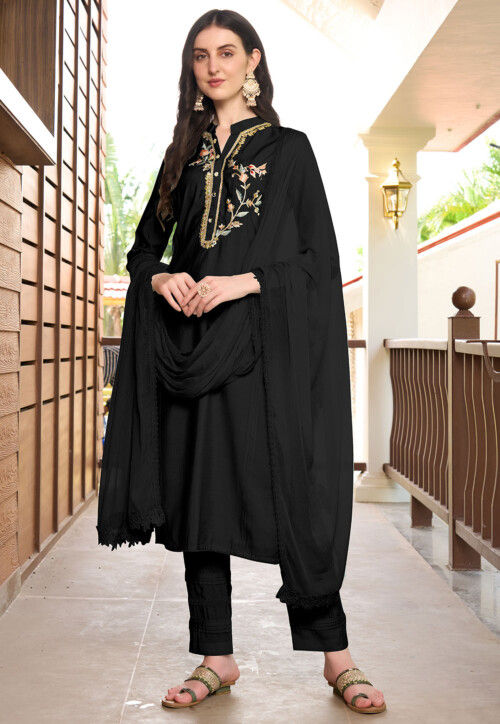Embroidered Art Silk Pakistani Suit in Black