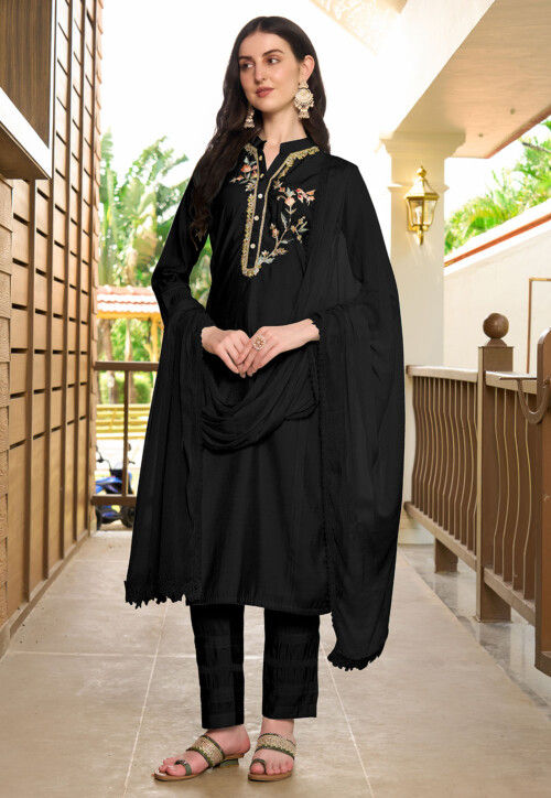 Embroidered Art Silk Pakistani Suit in Black