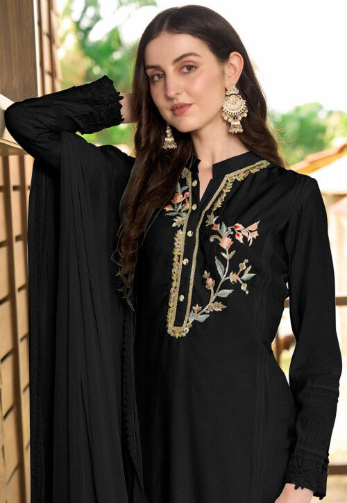 Embroidered Art Silk Pakistani Suit in Black