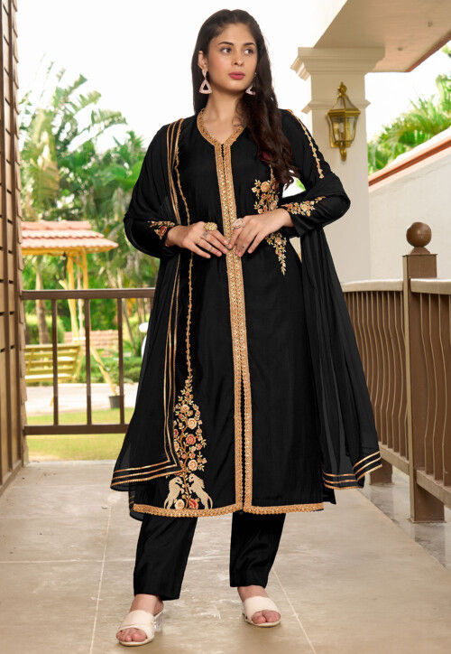 Embroidered Art Silk Pakistani Suit in Black