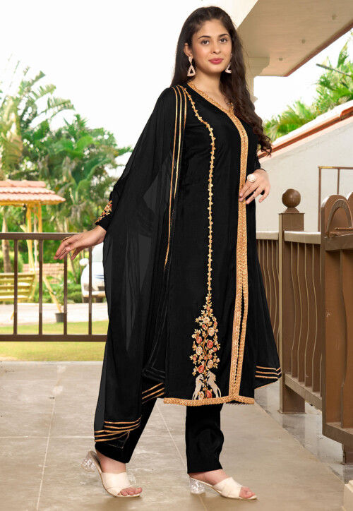 Embroidered Art Silk Pakistani Suit in Black